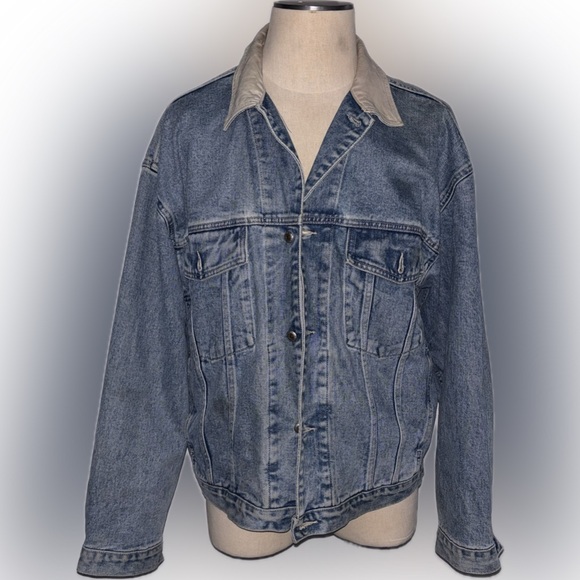 VINTAGE Banana Republic Trucker Jacket Men XL Blue Denim Jean Leather Collar 90s